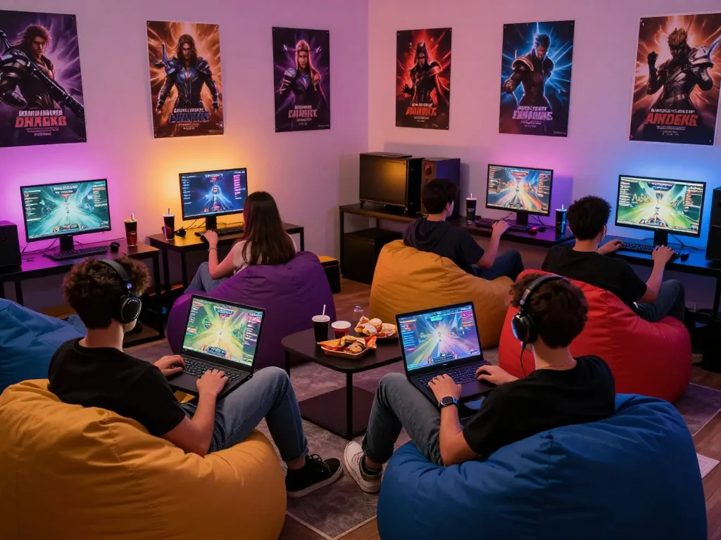 Engaged players enjoying free porn games in a cozy gaming environment with colorful decor and snacks.