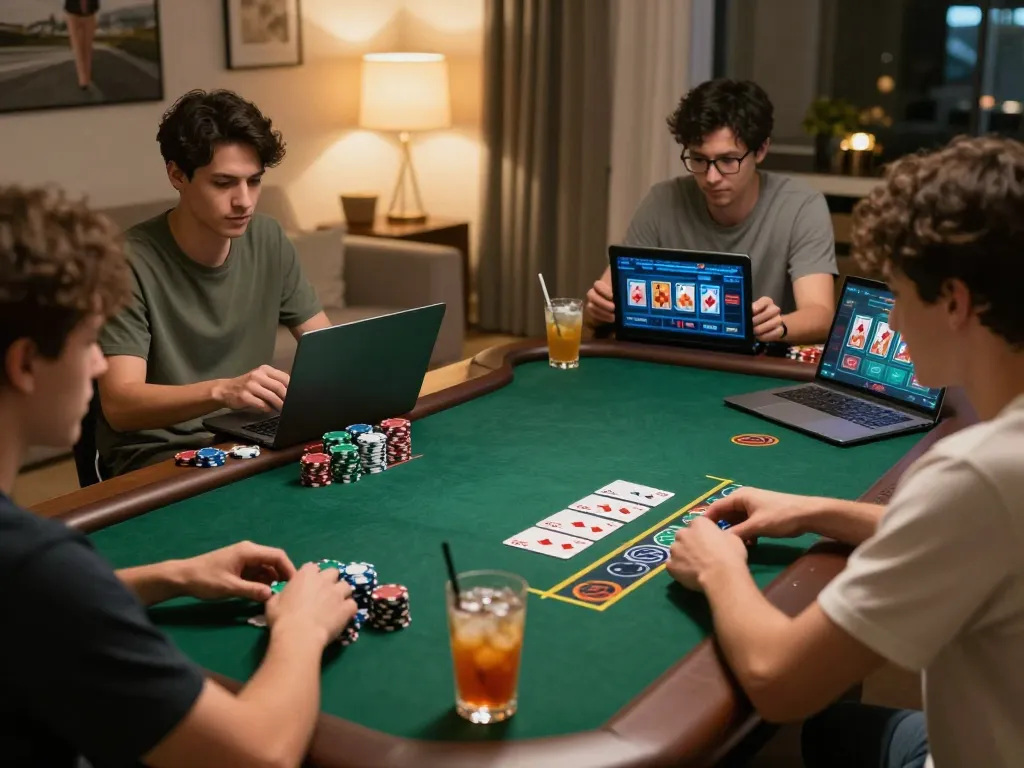 Players enjoying online blackjack at home through vegas88, showcasing strategic engagement and cozy atmosphere.
