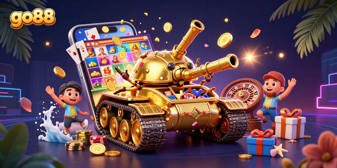 Join exciting go88 gaming adventures with a vibrant 3D casino illustration showcasing thrilling slot games, golden coins, and colorful gameplay.