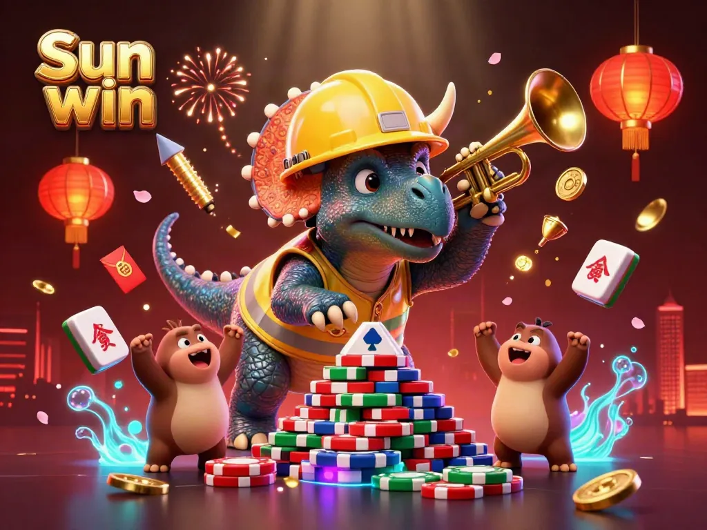 Experience gaming excitement with Sun win as a triceratops builds a poker chip pyramid.