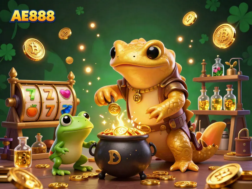 Engage with the AE888 casino magic through a golden salamander alchemist, celebrating spins and gold coins.