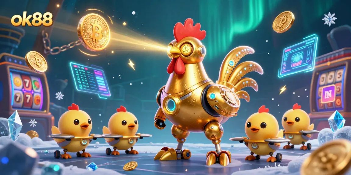 Experience ok88 with thrilling golden rooster robot and vibrant casino elements in a dynamic 3D scene.