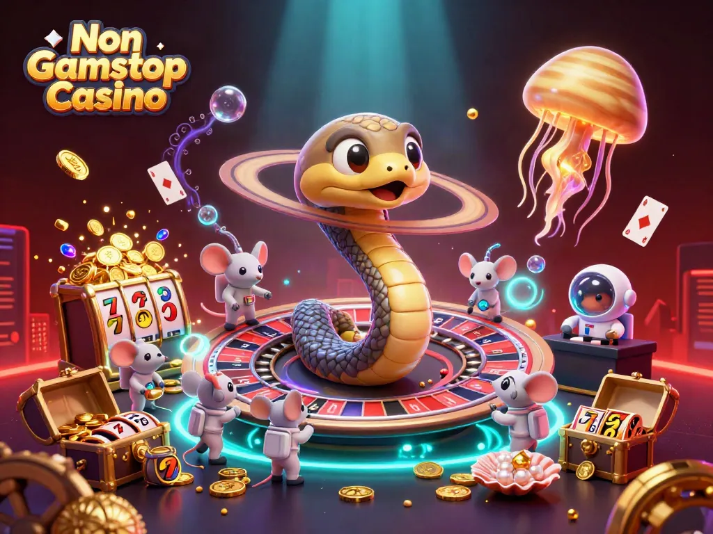 Engage with the exciting world of Non Gamstop Casino featuring a vibrant cosmic scene with playful elements.