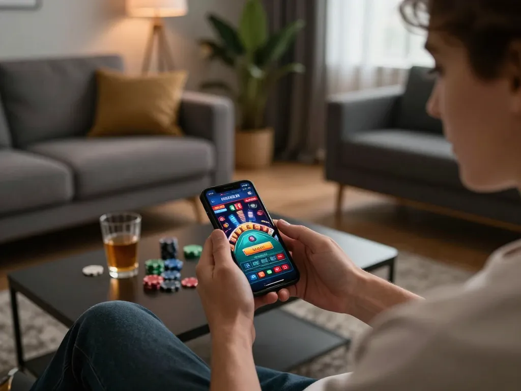 mb66 user engaging with casino app on smartphone in a stylish living room, capturing mobile gambling excitement