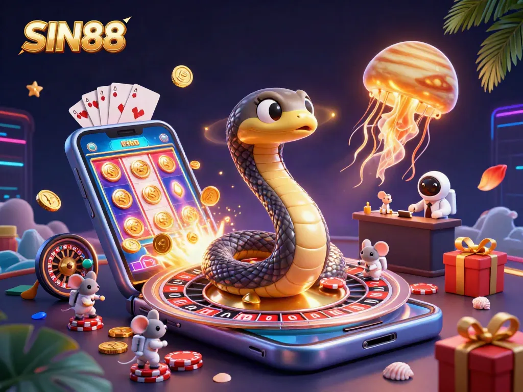 Experience thrilling gaming adventures with SIN88's vibrant online casino, showcasing dynamic elements and colorful characters.