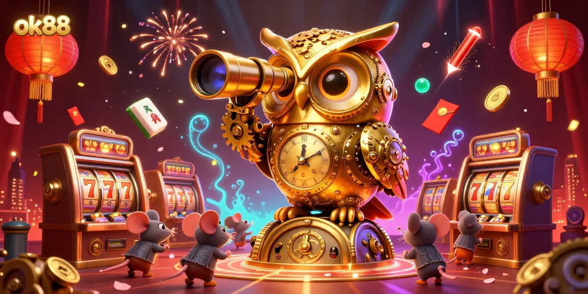 Experience the vibrant action of ok88, featuring a golden owl, slot machines, and dazzling game elements.