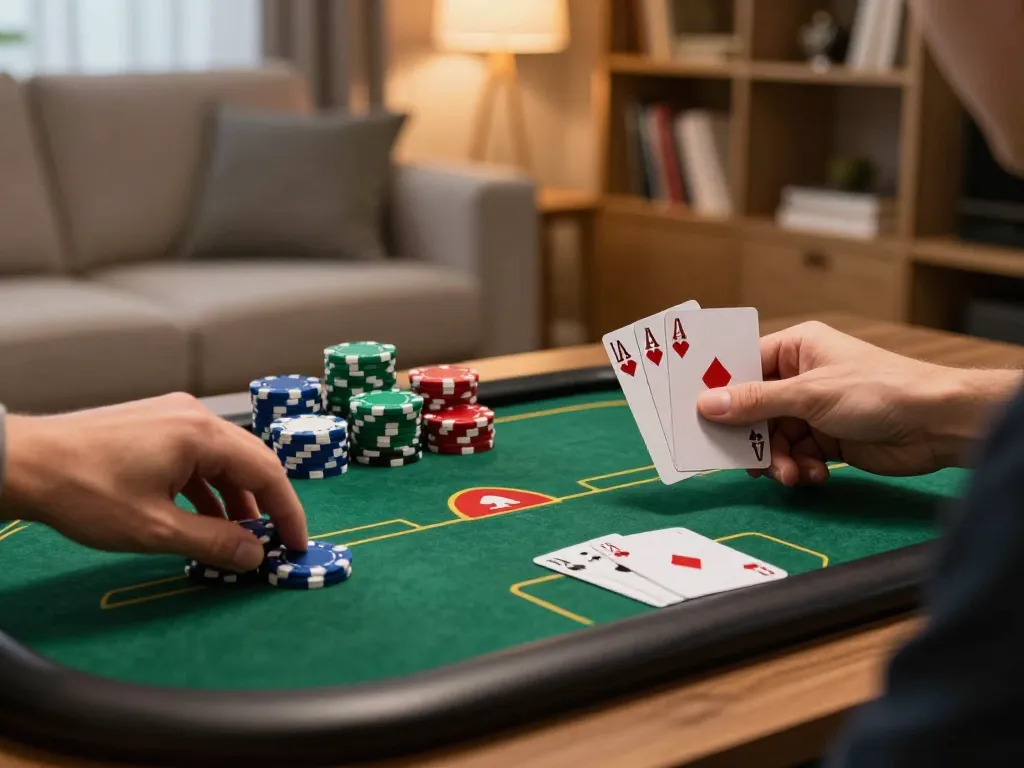 Engaging poker gameplay on a tablet, illustrating the taisunwin strategy in a cozy home setting.