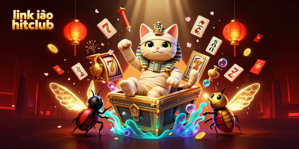 Experience the excitement of link vào hitclub with animated mummy cat and casino elements in a vibrant scene.