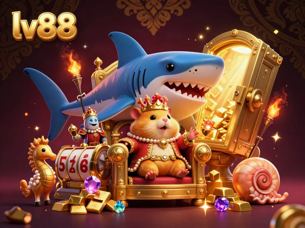 Experience the thrill of lv88 with a vibrant illustration featuring a golden hamster king and a treasure-filled casino atmosphere.