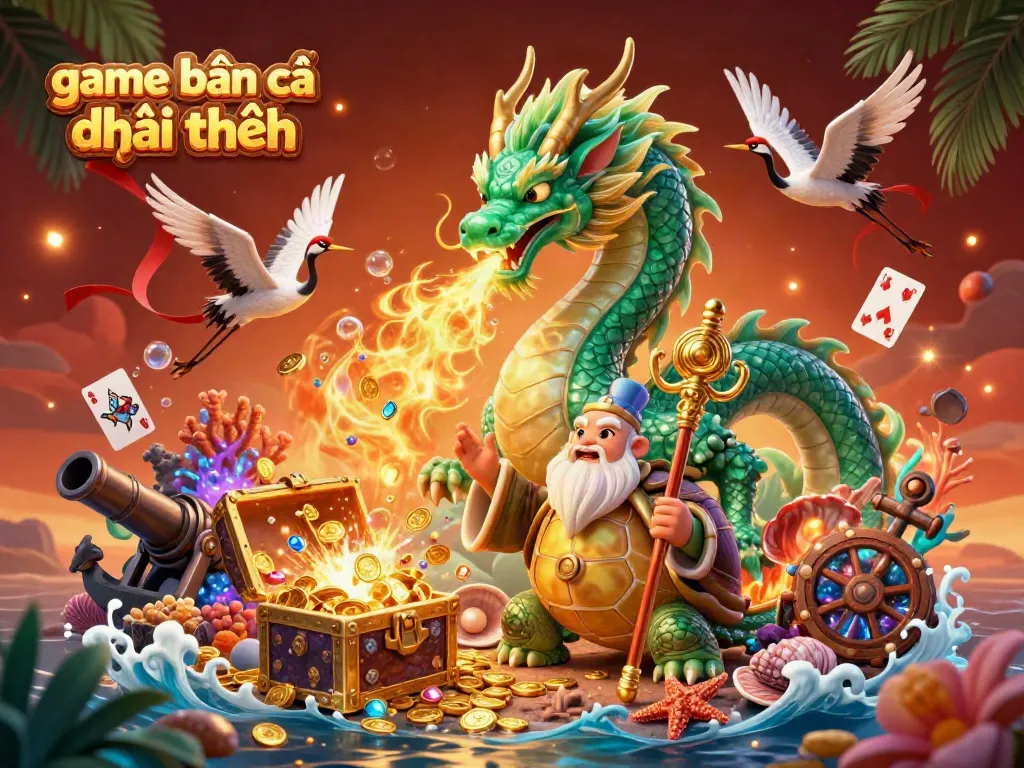 Experience game bắn cá đổi thưởng with a dynamic scene of mythical characters and vibrant treasures.