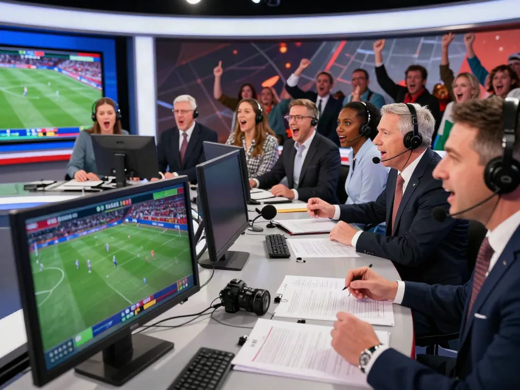 Thapcamtv sports commentators passionately analyzing a live football match in a dynamic studio setting.