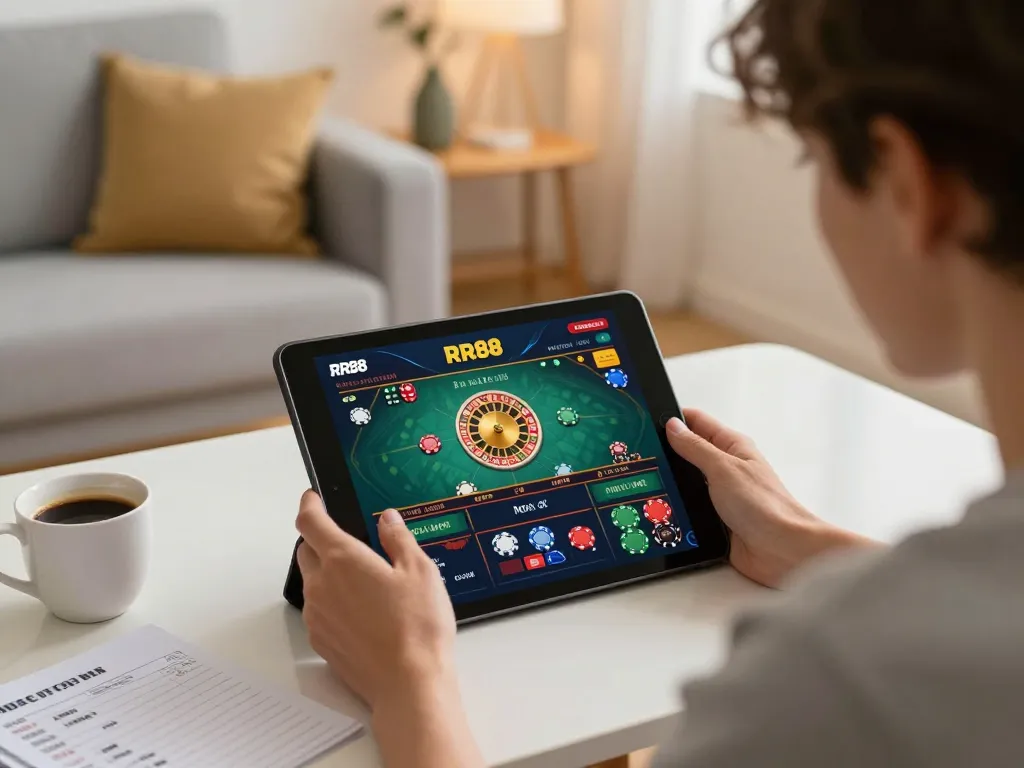 Engaged player using RR88 app for strategic online gambling with tablet