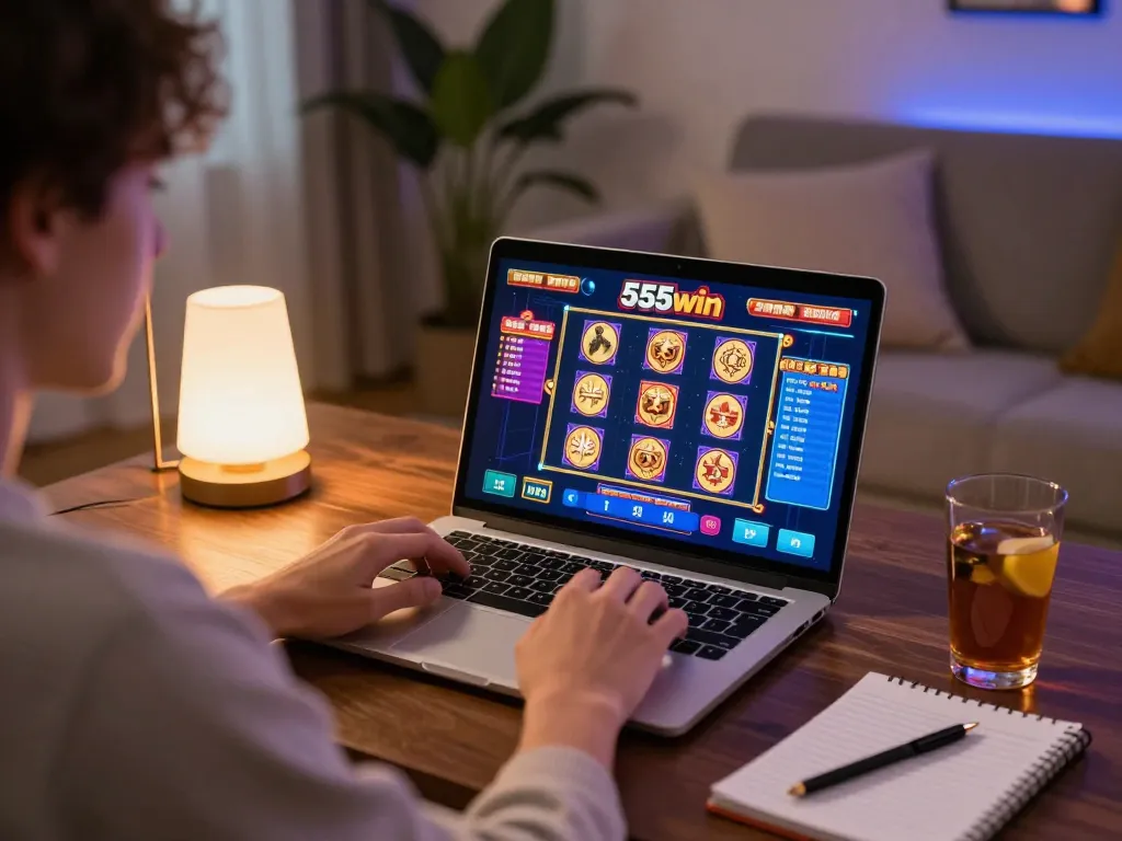 Engaging gameplay on 555win with colorful slots displayed on a laptop, highlighting online casino excitement.
