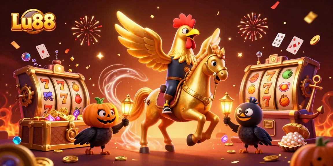 Engage with Lu88 in a vibrant casino scene filled with energetic slot elements and magical characters.