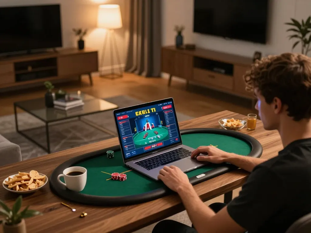 Engaging in online poker gaming on n88 platform at a stylish home setup.