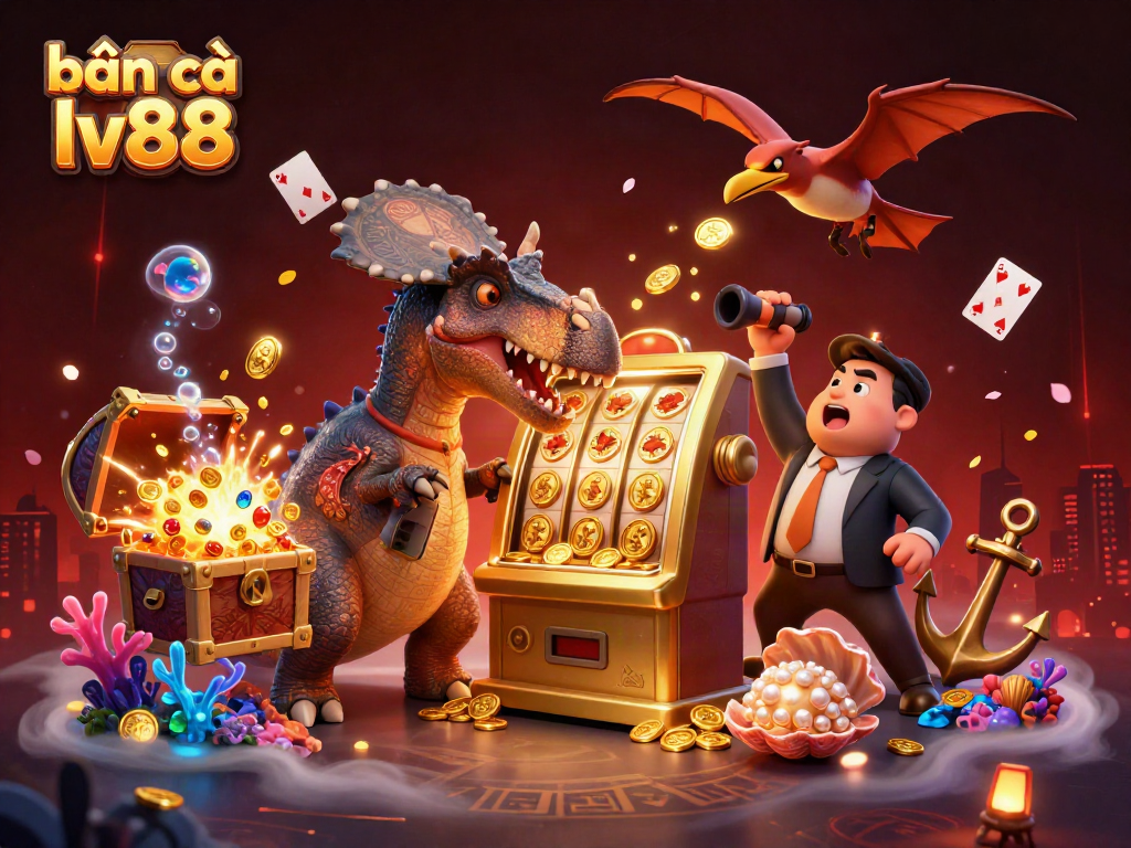 Bánh cá lv88 showcases a pachycephalosaurus winning a jackpot, delivering aerial golden coins amidst vibrant casino elements.