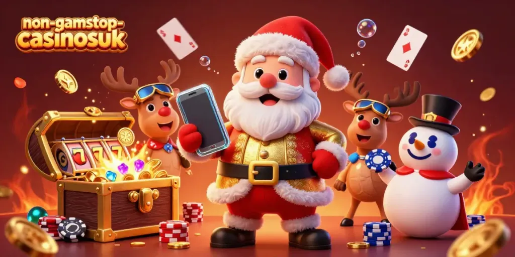 Enjoy exciting gameplay at non-gamstop-casinosuk with a vibrant Santa, festive characters, and jackpot elements!