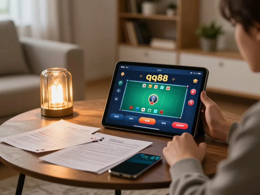 Playing qq88 online poker game on tablet in a cozy living room setting.