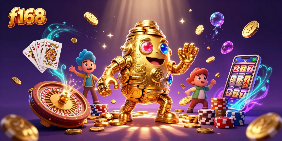 Engage with f168's thrilling games featuring a golden golem and vibrant casino elements.