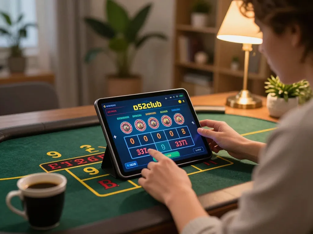 b52club user strategically betting while playing live dealer roulette on a tablet in a cozy home