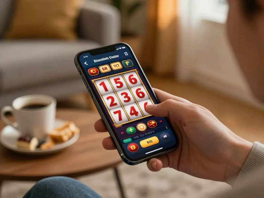 Player engaging with the jun88 mobile casino app showcasing spinning slot reels, set in a cozy home environment.