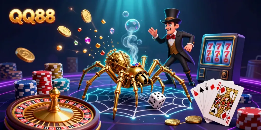Experience excitement with QQ88's dynamic casino scene, featuring steampunk characters and vibrant game elements.