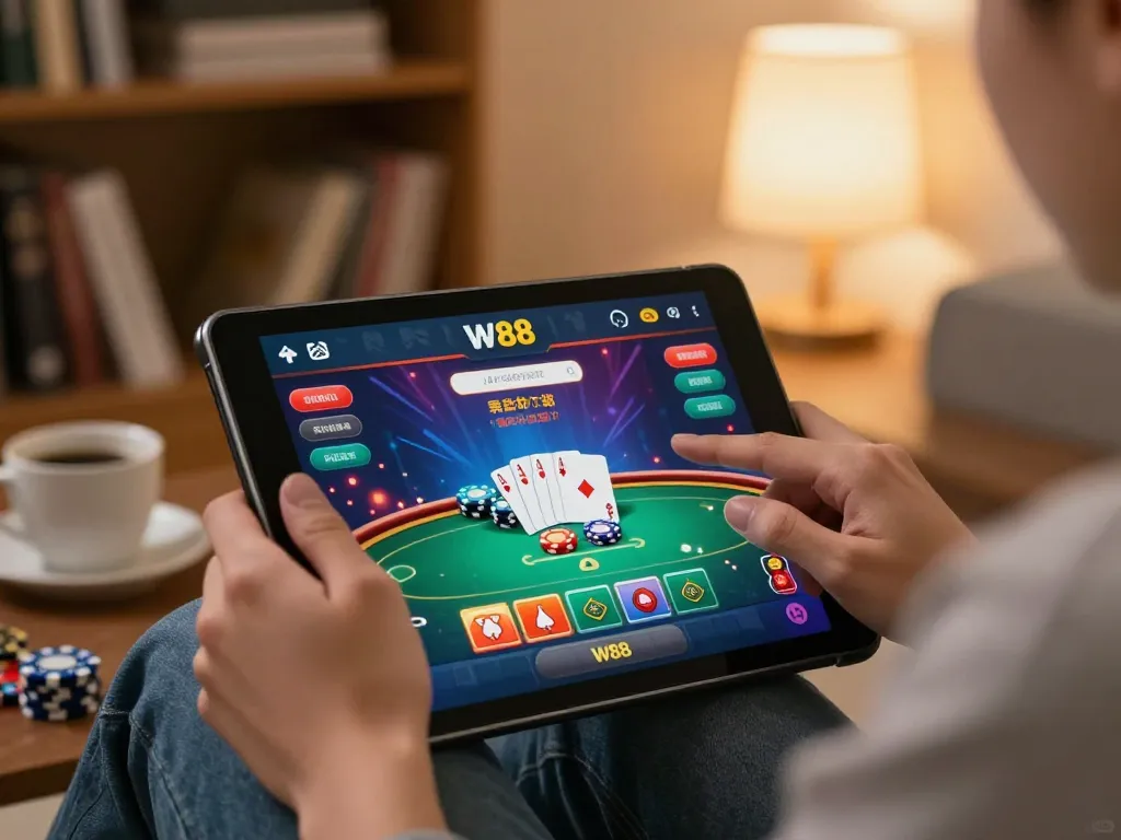 Player engaging in W88 online poker game on tablet in cozy home setting