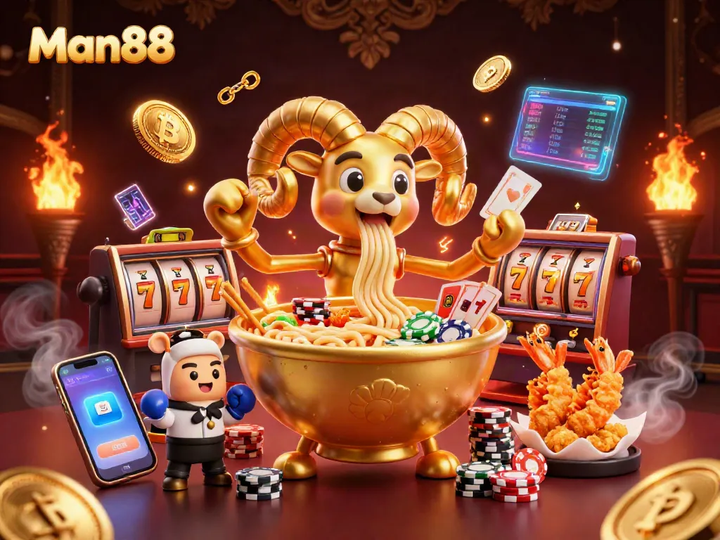 Man88 engages players in an exciting casino scene with a vibrant ramen bowl dealer, slot reels, and cryptocurrencies.