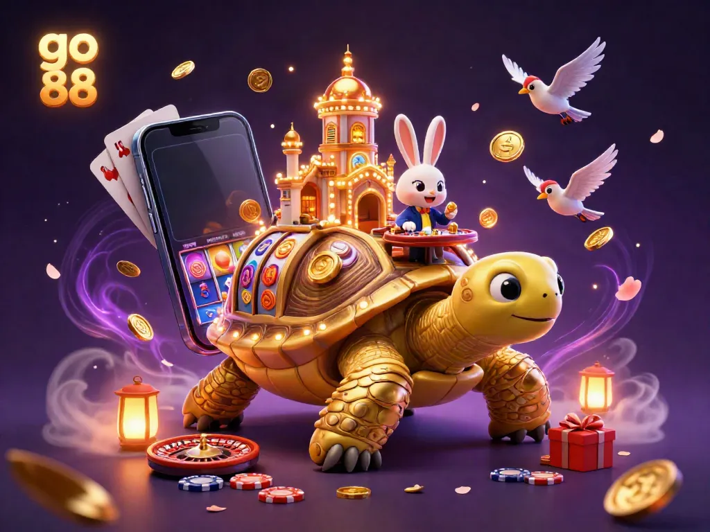 Experience thrilling gameplay with go 88 in a vibrant casino scene featuring a golden tortoise and a rabbit dealer, surrounded by exciting game elements.