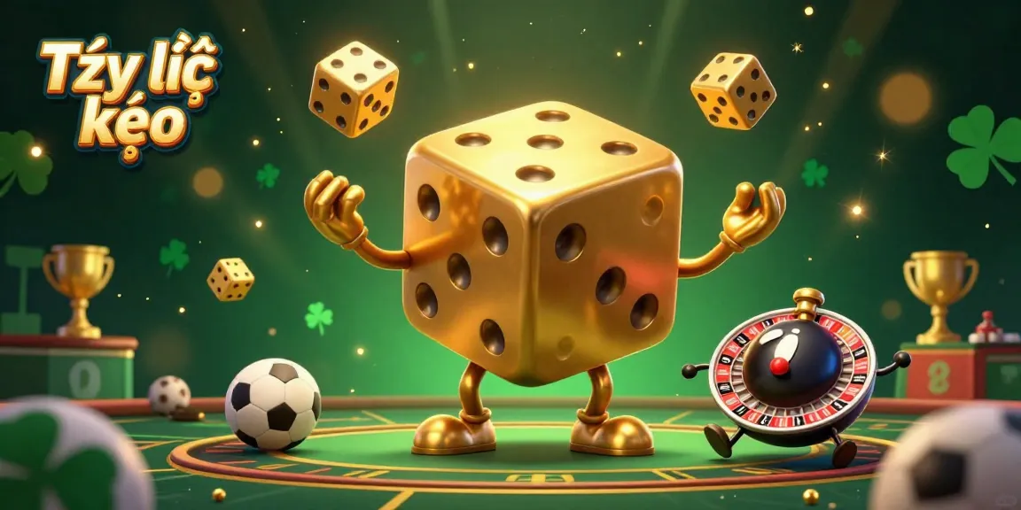 Experience Tỷ lệ kèo in a lively sports betting setting with golden dice and vibrant tokens.