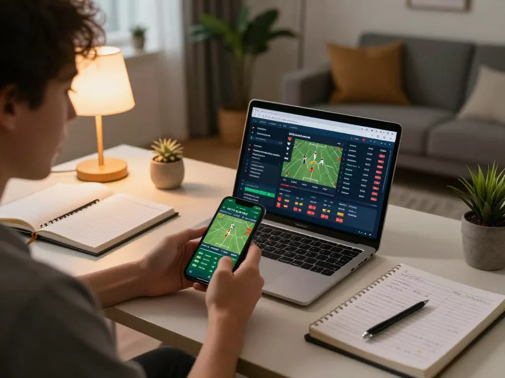 Engaging user analyzing keobongda sports betting app on smartphone in a modern home setting.