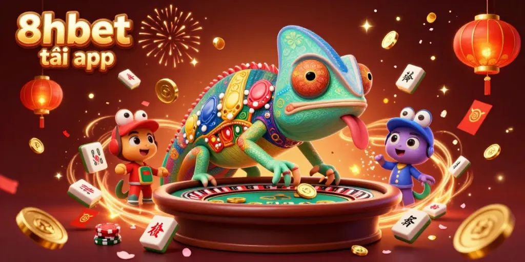 Engage with the vibrant world of 8xbet tải app featuring a chameleon casino owner and dynamic casino elements.