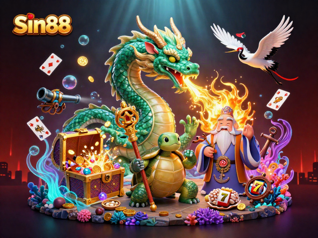 Sin88 features a vibrant illustration of a jade dragon and lucky symbols, celebrating casino excitement.