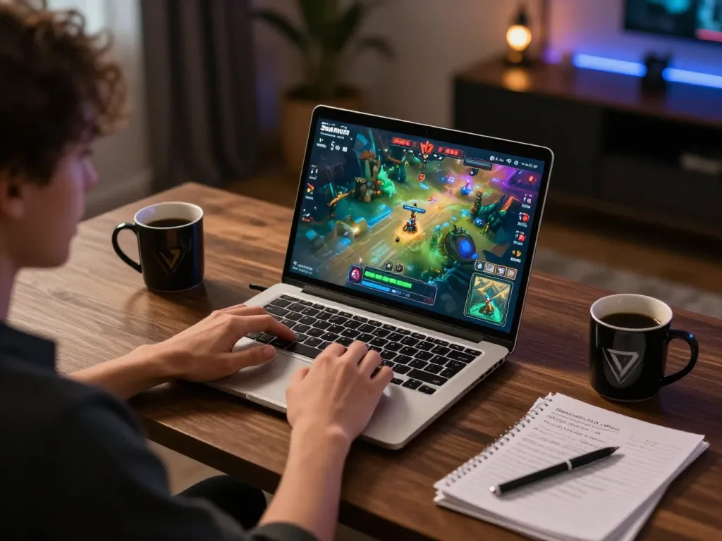 Player enjoying Sunwin on a laptop at home with strategy notes and vibrant game interface.