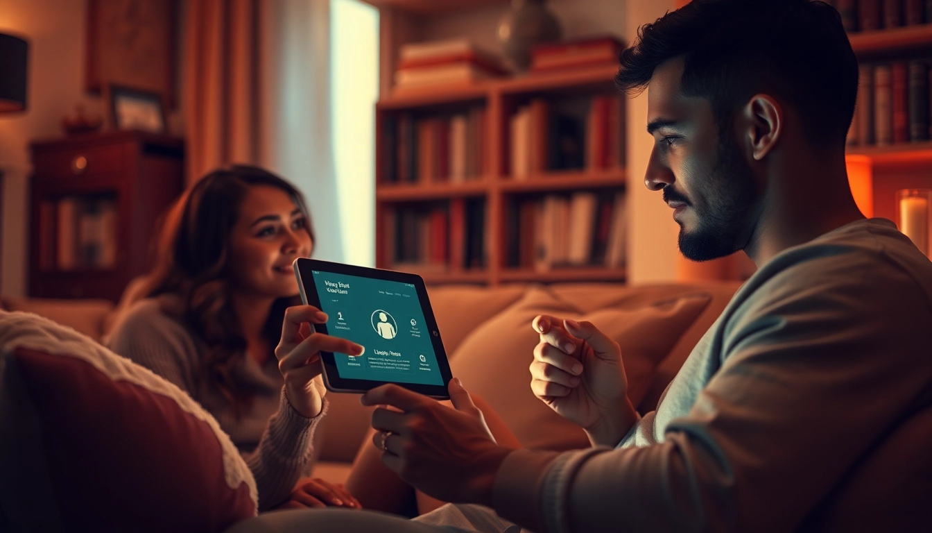 Couple discussing their feelings with a sex AI chatbot in a warm, intimate setting.