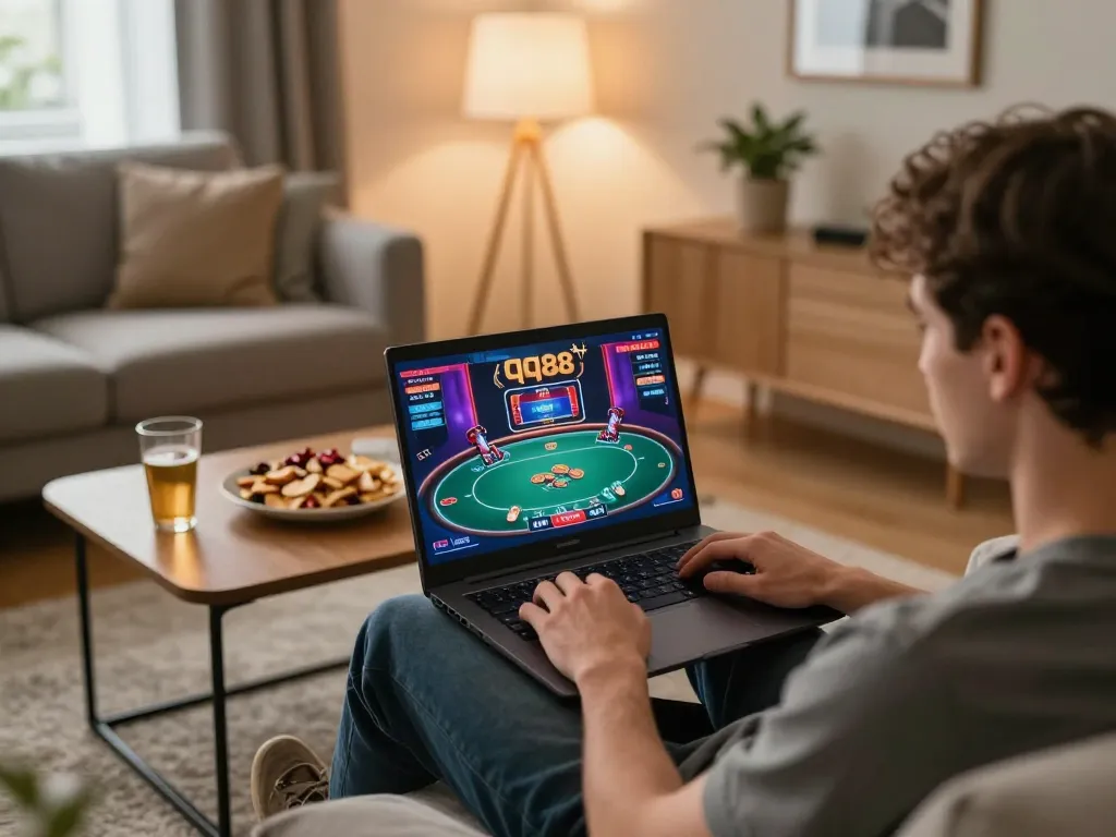 Player enjoying a strategic qq88 session on a laptop in a cozy living room, showcasing responsible online gambling