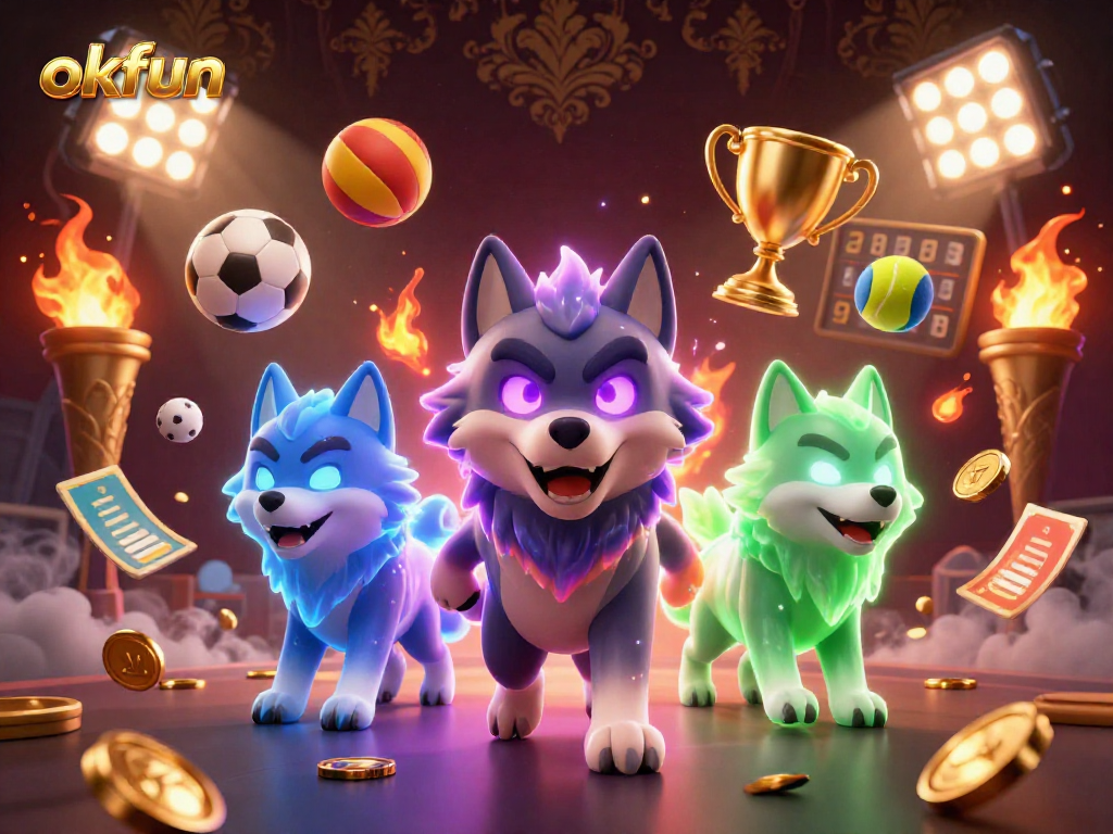 Experience thrilling sports betting with okfun’s dynamic 3D illustration featuring energetic wolves and sports elements.