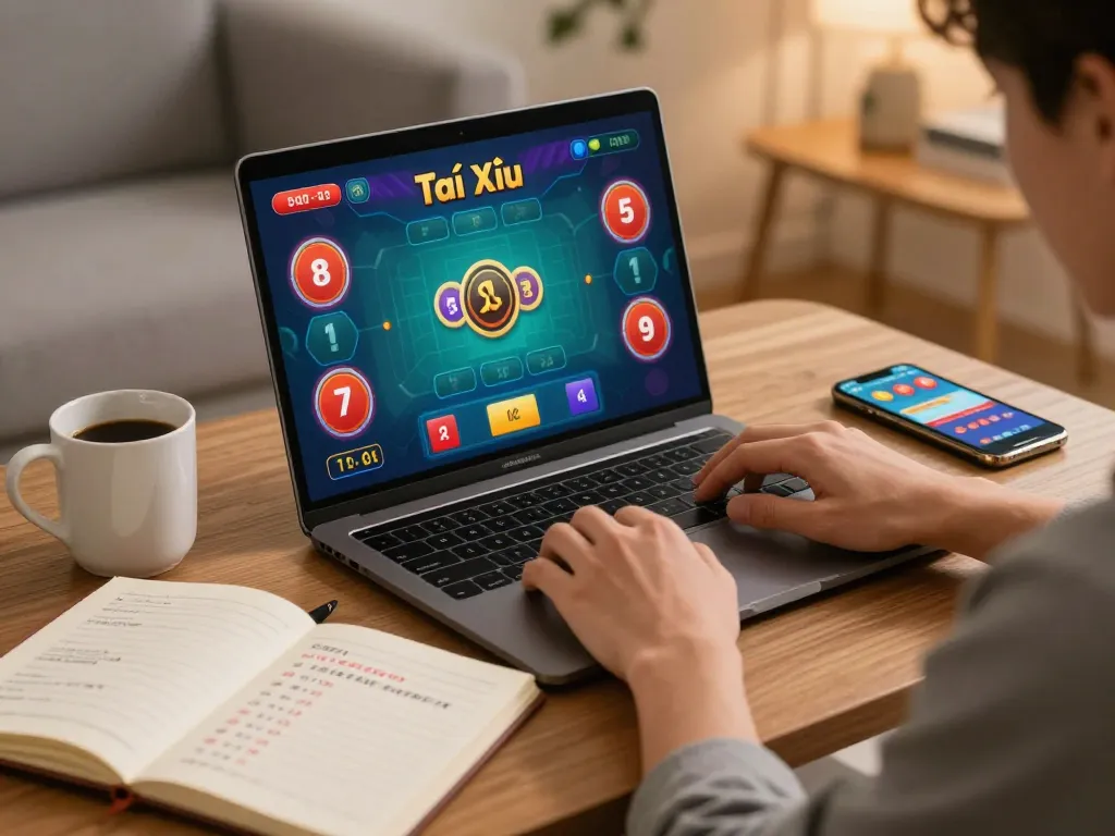 Tài Xỉu online gameplay with a player placing strategic bets at home in a cozy environment.