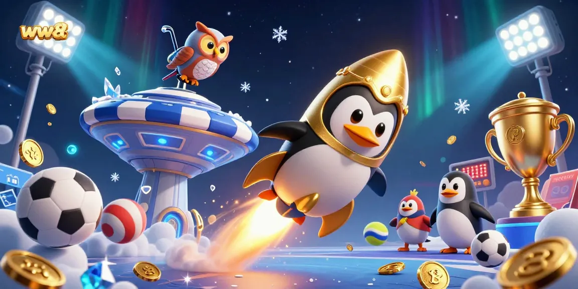 Win big with ww88's thrilling casino experience, showcasing dynamic sports elements and a golden penguin.
