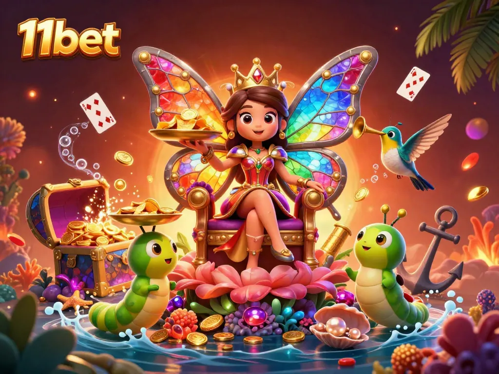 Experience the colorful world of 11bet with vibrant casino illustrations featuring a butterfly queen and treasure.