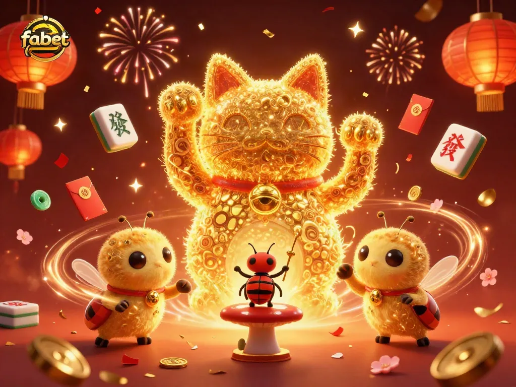 Experience the excitement of fabet with a vibrant illustration of a lucky cat formed by fireflies, surrounded by festive gaming elements.