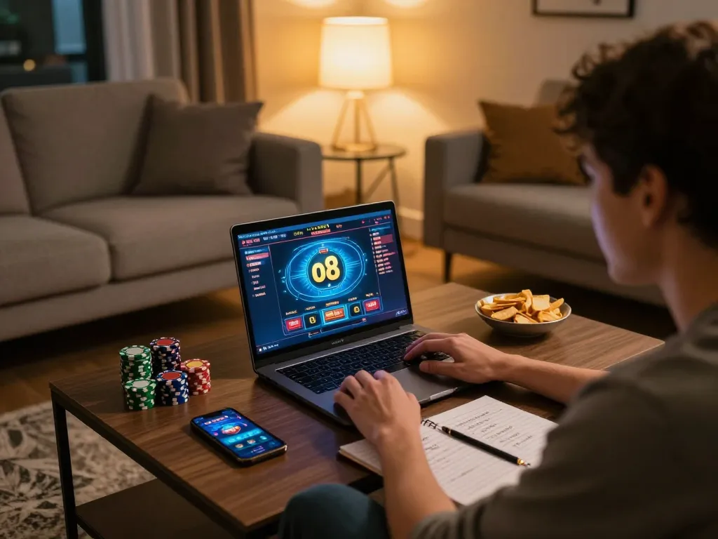 Player engaging with the o8 online casino platform while enjoying a cozy home atmosphere.