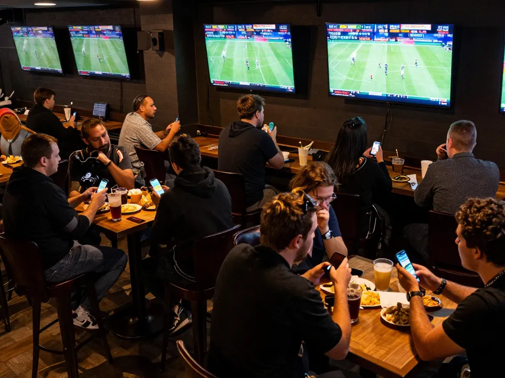 Engaged bettors reviewing Okwintv odds in a lively sports bar, with excitement radiating from multiple screens showing live matches.