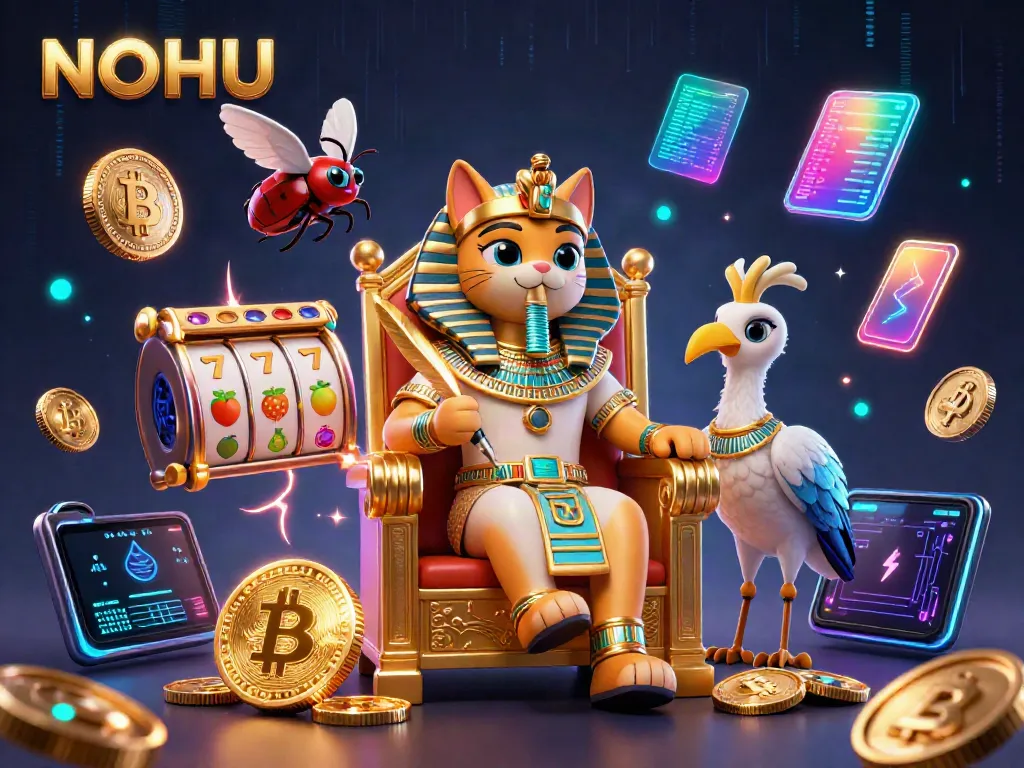 Experience the thrill of NOHU gaming with vibrant slot elements and a pharaoh cat in dynamic action.