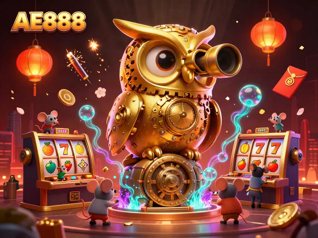 Experience AE888's vibrant casino floor with a golden owl and cheerful mouse patrons amidst exciting gaming elements.