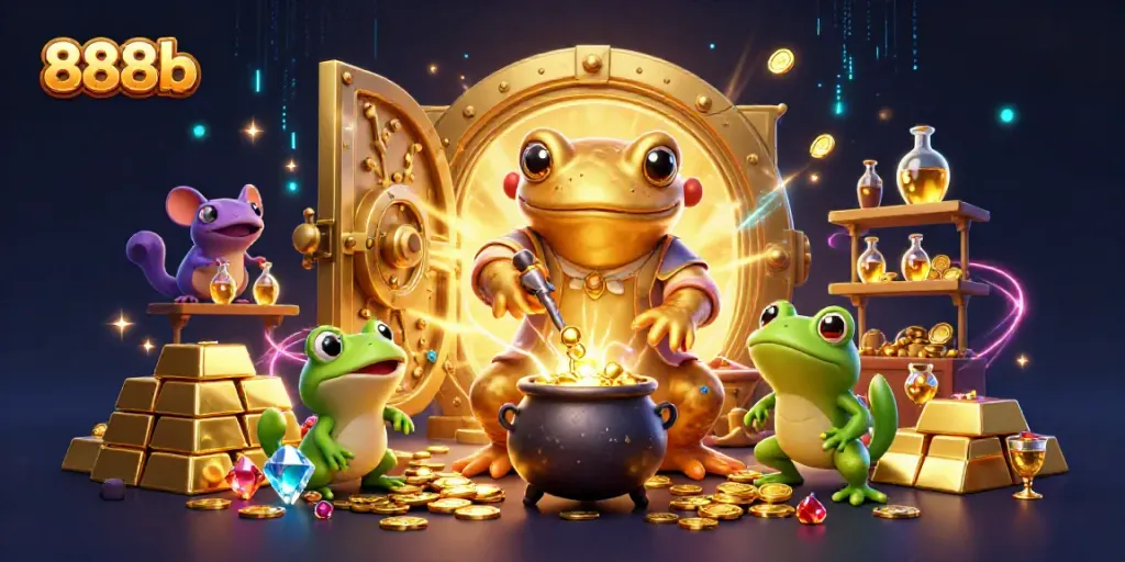 Experience the enchanting world of 888b with a golden salamander alchemist in a vibrant casino scene.