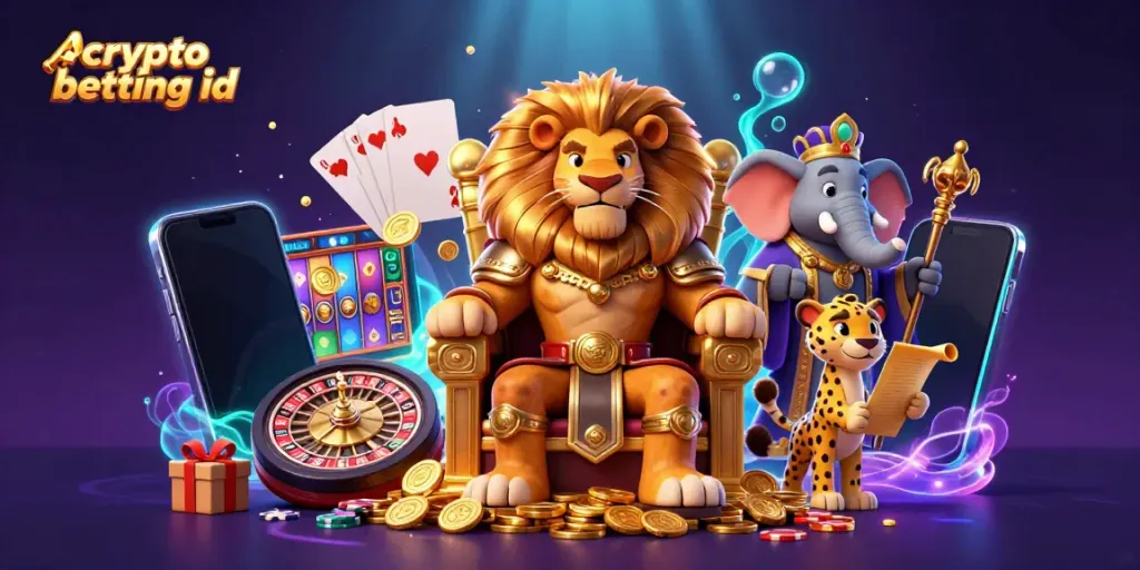 Engage with our crypto betting id featuring a royal lion king, wise elephant, and swift cheetah amidst gaming elements.