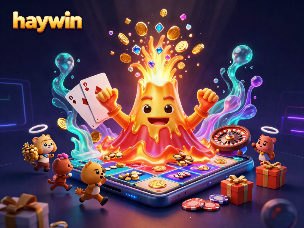 Unleash excitement and treasures with haywin's vibrant 3D casino eruption illustration.