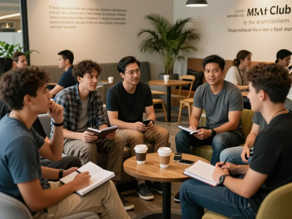 Men sharing experiences in a supportive ManClub environment, promoting community and mental wellness.