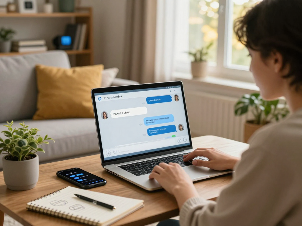 Engaged user exploring porn AI chat features on a laptop in a cozy living room.